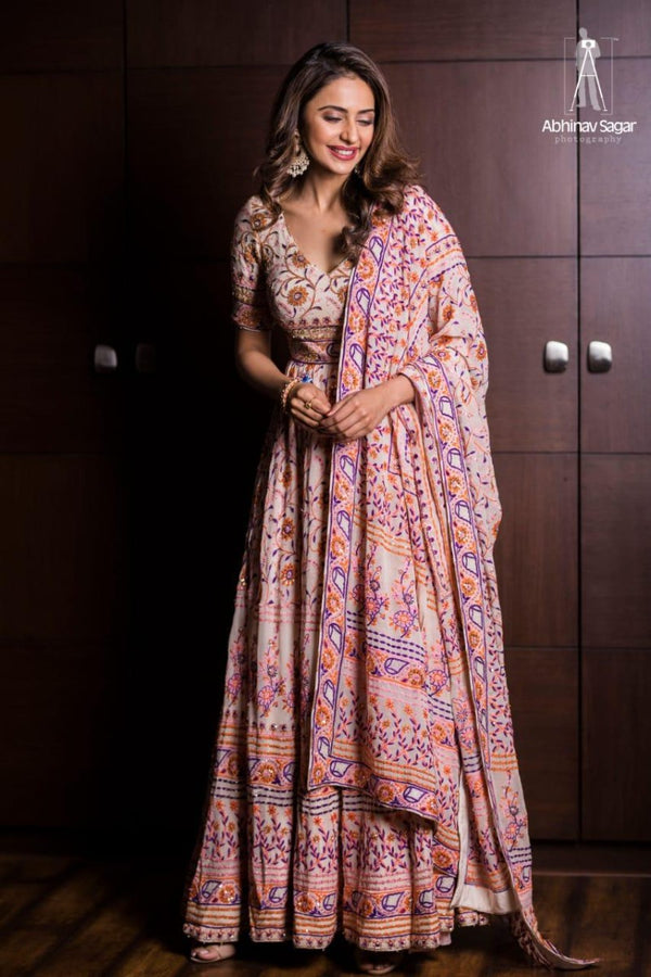 Rakul Preet glowing in one of our hand-embroidered ensembles